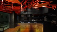 Moriyuki Ochiai Architects creates red latticework on ceiling of Japan restaurant