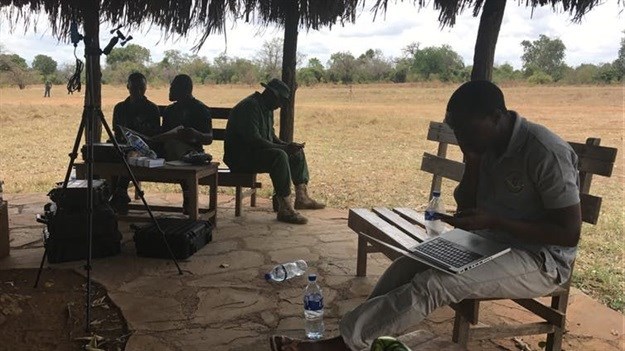 Rangers at the Selous Game Reserve, a World Heritage Site in Tanzania, ahead of a drone training session. Ross Harvey