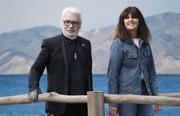 Karl Lagerfeld and Virginie Viard walk the runway after the Chanel show as part of the Paris Fashion Week Womenswear Spring/Summer 2019.