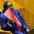 South Africa’s Finance Minister Tito Mboweni preparing to deliver the budget. EPA-EFE/Elmond Jiyane