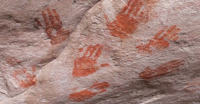 San/Bushmen hand prints on the ceiling of the Diepkloof Rock Shelter. Image by Andrew Hall via