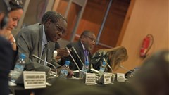 (L-R) Zouhair Chorfi, Secretary general of the Ministry of Economy and Finance, Morocco, newly elected Chair of the bureau of the committee of experts; HE Elsadig Bakheit Elfaki Abdalla, Chair of the outgoing bureau of the committee of experts; Vera songwe, Executive Secretary of the UN Economic Commission for Africa. Credit: United Nations Economic Commission for Africa (ECA).