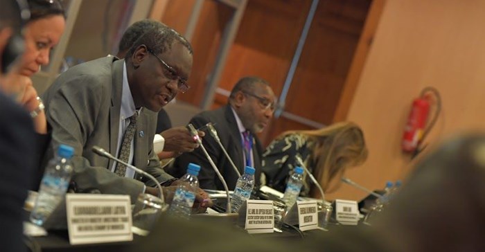 (L-R) Zouhair Chorfi, Secretary general of the Ministry of Economy and Finance, Morocco, newly elected Chair of the bureau of the committee of experts; HE Elsadig Bakheit Elfaki Abdalla, Chair of the outgoing bureau of the committee of experts; Vera songwe, Executive Secretary of the UN Economic Commission for Africa. Credit: United Nations Economic Commission for Africa (ECA).