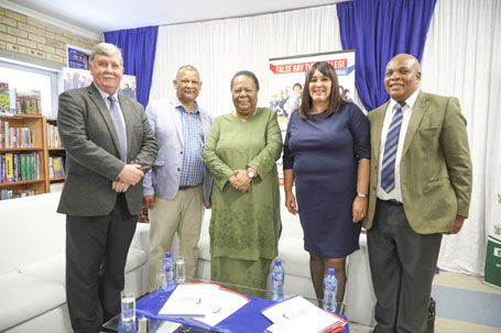 L-R: Mr Cassie Kruger, DHET Regional Manager; Mr Gregory Kannemeyer, Principal of Beaconhill High School; Minister for Higher Education and Training, Doctor Naledi Pandor; Ms Karin Hendricks, Acting Principal False Bay TVET College; Mr Maliviwe Lumka, Chief Director: Seta Coordination, DHET