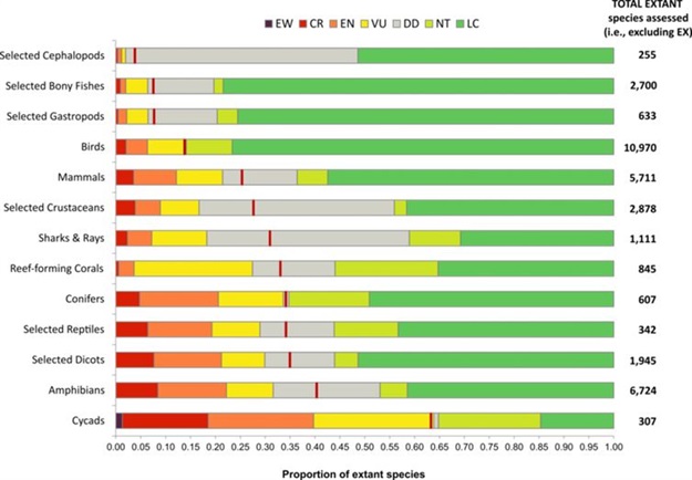 International Union for the Conservation of Nature status ratings for assessed species (EW – extinct in the wild; CR – critically endangered; EN – endangered; VU – vulnerable; NT – near threatened; DD – data deficient; LC – least concern). Many species have not yet been assessed. ,