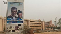 A billboard for Nigeria's incumbent president Muhammadu Buhari and his deputy, who won re-election in February. Credit: CPJ/Jonathan Rozen.