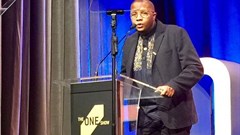 Xolisa Dyeshana, chief creative officer of Joe Public United, presenting on the first night of the The One Club for Creativity's One Show Awards.