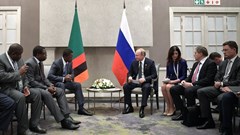 Russian President Vladimir Putin and Zambian President Edgar Lungu meet on the sidelines of the BRICS Summit in Johannesburg in 2018. EPA-EFE/Alexei NikolskySputnik/Kremlin Pool