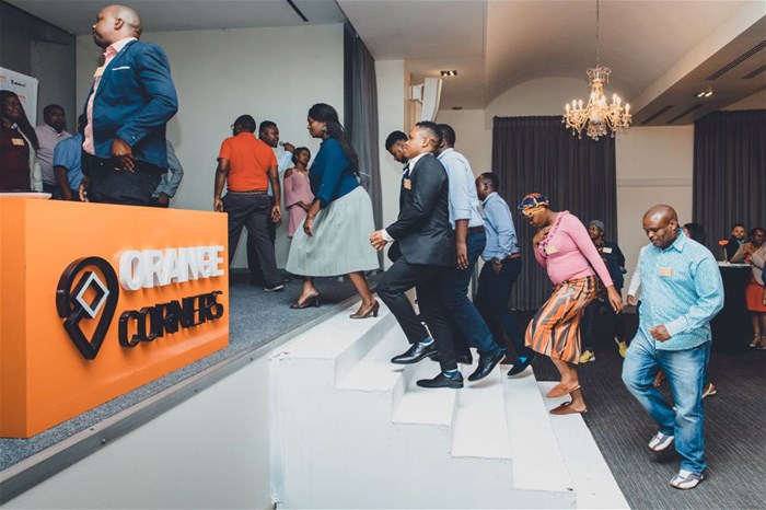 30 entrepreneurs being welcomed on stage at Orange Corners 2019 launch.