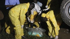 Health workers from Bwera hospital prepare to transport the body of a fifty-year-old woman who died of Ebola to the burial site in Bwera, Uganda. MELANIE ATUREEBE/EPA