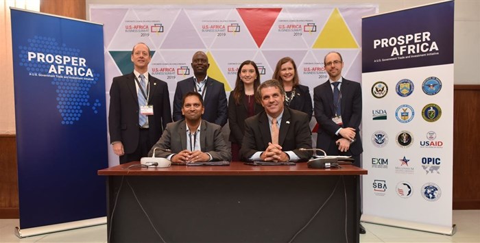 L to R: (Back row) Matthew Rees, interim coordinator at Prosper Africa; Tonny Tugee, managing director East North East Africa (ENEA) at Seacom; Danielle Agress, country manager for Southern Africa at USTDA; Heather Lanigan, regional director for Sub-Saharan Africa at USTDA and Jacob Flewelling, Sub-Saharan Africa regional manager at USTDA.
(Front row) Suveer Ramdhani, chief strategy officer at Seacom and Thomas R. Hardy, acting director at USTDA.