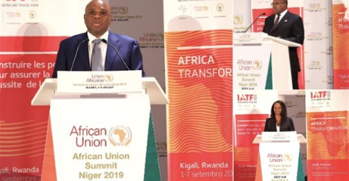 Afreximbank President Prof. Benedict Oramah, AU Trade Commissioner Amb. Albert Muchanga, and Rwanda Trade Minister Soraya Hakuziyaremye addressing guests at the launch of IATF2020 in Niamey.