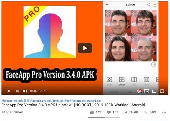 A YouTube video claiming to offer a link for downloading the installation package (APK) for a “FaceApp Pro” application for Android