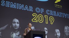 Anne Githuku-Shongwe, representative of UN Women South Africa’s Multi-Country Office, addressing the DStv Seminar of Creativity. Image via Al Nicoll © via Gallo Images.