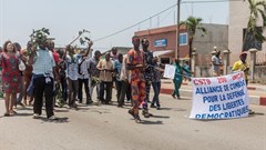 Protesters from two of Benin's unions take part in a demonstration after the parliament approved a law restricting to 10 days public sector employees’ right to strike, on September 13, 2018, in Cotonou. Journalist Ignace Sossou convicted of false news in Benin on August 12, 2019. Crdit: CPJ/AFP/Yanick Folly.