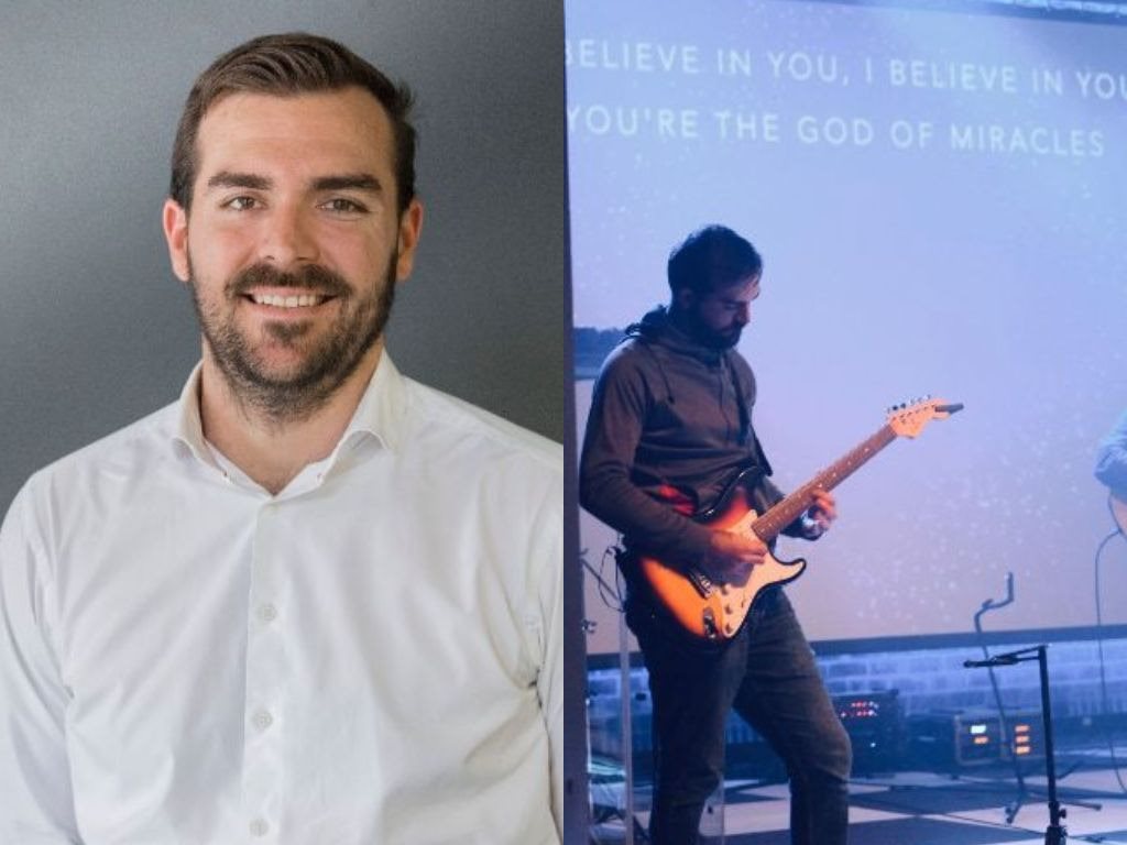 Outside of work, Kyle Harker performs in a worship band.