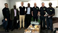 Pictured at the official opening are from left: Scott Smith (operations director, Van Dyck Floors Zimbabwe), Jonathan Pairemanzi (J. Link Carpets), Dr. Mehran Zarrebini (MD Van Dyck Floors), Louis Mudzongo (Classic Carpets), Dion Yatras (MD, Van Dyck Zimbabwe), Stuart Dearnaley (export manager, Van Dyck Floors) and Kuda Duri (account manager, Van Dyck Zimbabwe).