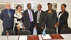 Signing ceremony (L-R): Garth Strachan, acting CEO of SABS; Jodi Scholtz, Group Chief Operating Officer at the dti and co-administrator of SABS; Tshenge Demana, Chief Director of Technical Infrastructure Institutions at the dti and co-administrator of SABS; Alfred Kgotlaesile, Manager Compulsory Standards at BOBS; Masego Marobela Managing Director of BOBS; and Keo Segomelo, Director Standards at BOBS.