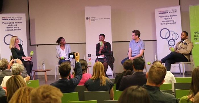 The panel was moderated by Francis Herd. The panellists included Carol Mohlala, Phatiswa Magopeni, Philip Schworbel and Siyabonga Africa. © Goethe-Institut South Africa. Taken by Judit Hoffkamp.