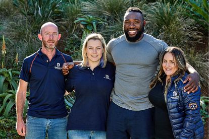 Mark Odell from Husqvarna South Africa’s technical team with Sarah Swanson (Husqvarna South Africa marketing co-ordinator), Tendai “Beast” Matawarira and Jenna Robinson (Husqvarna Africa’s regional marketing manager).