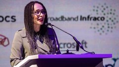 Yolisa Phahle, CEO of general entertainment at the MultiChoice Group, presenting the final keynote session of the second day of AfricaCom 2019.