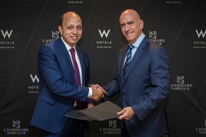Amr Sultan, managing director of Landmark Sabbour and Alex Kyriakidis, president and managing director, Middle East & Africa, Marriott International at the signing ceremony of W Cairo.