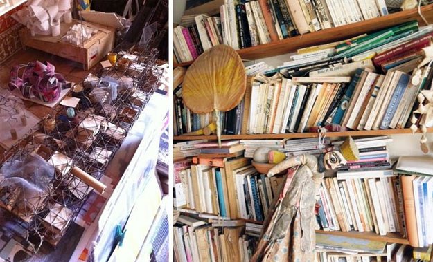 Yona Friedman’s model of the Spatial City, on the left, and his library, on the right, at his apartment at Boulevard Garibaldi in Paris, March 2012. (Theodora Vardouli)
