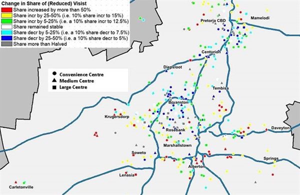 Map shows changes in share of visits to shopping centres in the greater Johannesburg region. Source: Lightstone