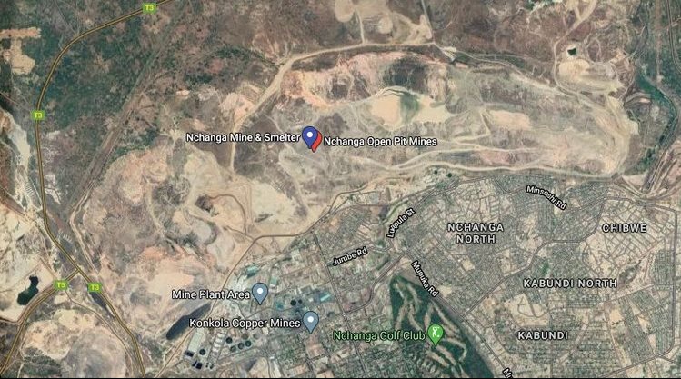 Satellite view of the Nchanga Copper Mines, alleged source of the pollution. One of the largest open cast mines in the world, this image shows an area roughly 8km across. Google Maps, CC BY-SA