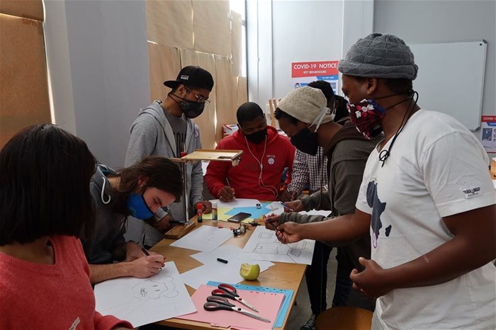Left to right: Tamlyn-Leigh Bryant, Jason Jenkinson, Ameer Kriel, Daniel Abrahams, (Bhongelethu Maholwana – obscured), Yanda Siyotual, Thulani Yose-Simantov