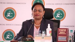 Judge Martha Koome attends the interview for the post of Chief Justice at the Supreme Court building in Nairobi, Kenya - 14 April 2021. Image ©: Zakheem Rajan/Judicial Service Commission/Handout via REUTERS