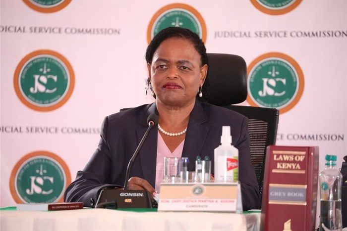Judge Martha Koome attends the interview for the post of Chief Justice at the Supreme Court building in Nairobi, Kenya - 14 April 2021. Image ©: Zakheem Rajan/Judicial Service Commission/Handout via Reuters
