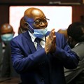 South Africa's former President Jacob Zuma, who is facing fraud and corruption charges, greets supporters in the gallery of the High Court in Pietermaritzburg, South Africa, May 17, 2021. Reuters/Rogan Ward