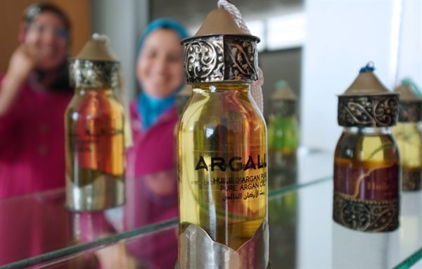 Argan oil bottles are displayed for sale inside the showroom of Women's Agricultural Cooperative Taitmatine, in Agadir, Morocco, 8 June 2021. Reuters/Abdelhak Balhaki