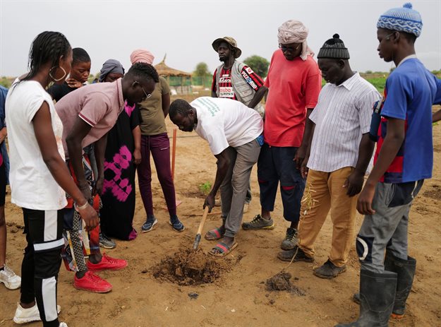 Moussa Kamara, 47, a baker and a Tolou Keur garden caretaker, prepare to plant a tree at a newly built Tolou Keur garden, which holds plants and trees resistant to hot, dry climates, and are planted with circular beds that allow roots to grow inwards, trapping liquids and bacteria and improving water retention and composting, in Boki Diawe, within the Great Green Wall area in Matam region, Senegal, 12 July 2021. Reuters/Zohra Bensemra