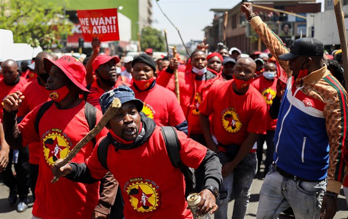 Members of the Numsa march during a strike in Johannesburg. Reuters/Siphiwe Sibeko