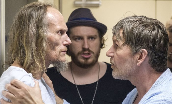 Ryan Kruger with Gary Green and Sean Cameron Michael during the filming of Fried Barry. Photo credit: Graham Bartholomew
