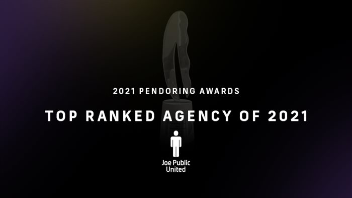 Joe Public United ranked number one in the top 12 agencies at the 2021 Pendoring Awards