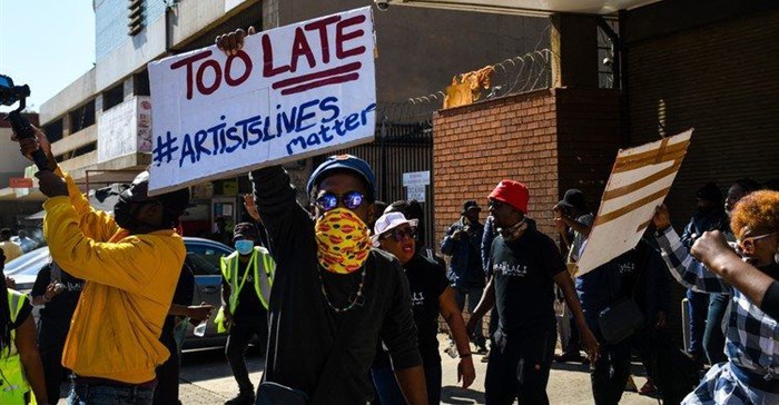 Artists protest outside the Department of Arts and Culture in Pretoria in May. Photo: Julia Evans/GroundUp
