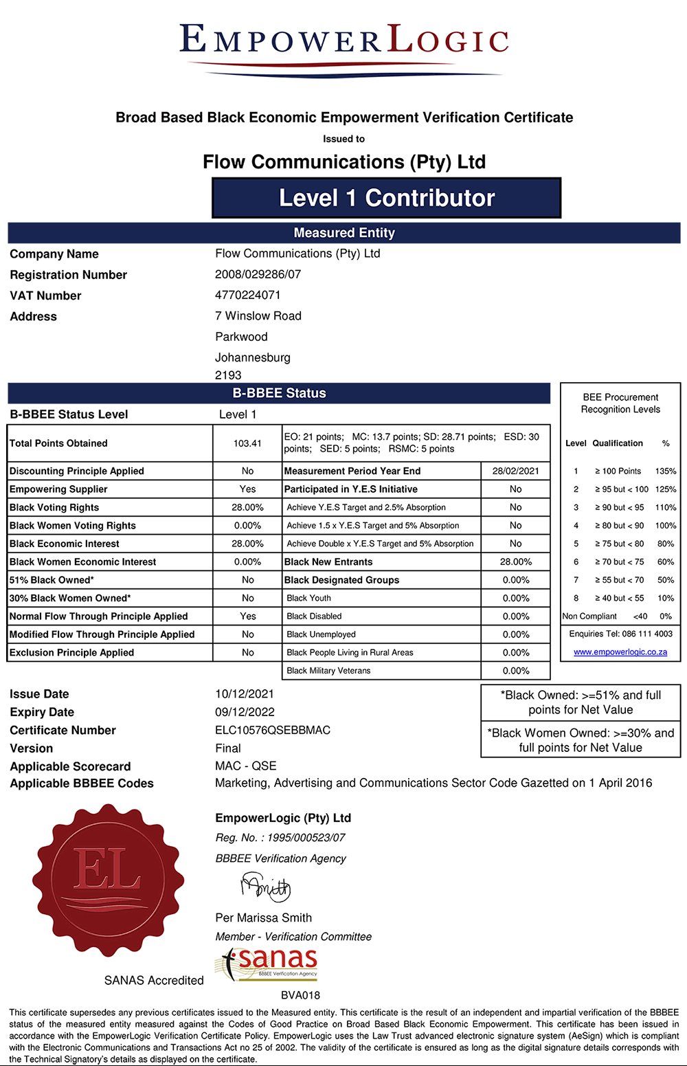 Flow Communications achieves B-BBEE Level 1 rating