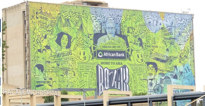 Source: supplied. The giant illustration, by Jesse Yende, at Soweto’s Chris Hani Baragwanath Hospital, which pays homage to the founders and story of African Bank.