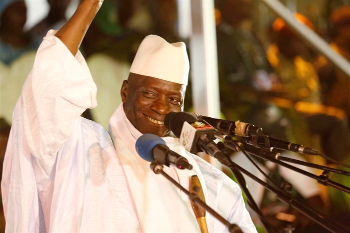 Gambia's former President Yahya Jammeh, who is also a presidential candidate for the Alliance for Patriotic Re-orientation and Construction (APRC), smiles during a rally in Banjul, Gambia, 29 November 2016. Reuters/Thierry Gouegnon
