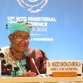 Source: Supplied. World Trade Organization Director-General Ngozi Okonjo-Iweala (centre) at the recent WTO Ministerial meeting - at the MC12 Closing Press Conference, 17 June 2022.