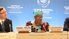 Source: Supplied. World Trade Organization Director-General Ngozi Okonjo-Iweala (centre) at the recent WTO Ministerial meeting - at the MC12 Closing Press Conference, 17 June 2022.