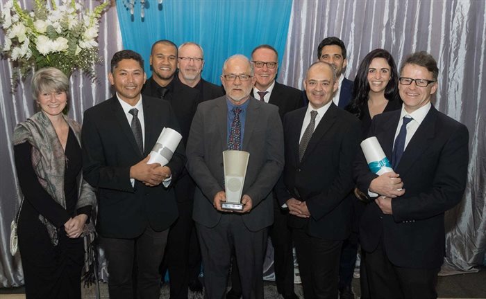 (Back) Keegan de Waal, Aecom, production engineer: contracts and contract coordinator; Darrin Green, Aecom, MD, Africa; Johan Ehlers, Aecom, contracts manager: structures; and Michael Hendrickse, Aecom, chief engineer: geometrics and design coordinator; Suri Shields, Aecom, senior structural engineer, launch<p>(Front) Jacqui Gooch, head of department, Western Cape Transport and Public Works, Roads Branch; Heinrich van Wijk, Aecom, senior engineer: structures; Abé Newmark, Aecom, Cape Town bridges team lead; Philip Ronne, Aecom, associate engineer – bridge engineering and concrete specialist; David Middleton, Aecom, temporary works designer, lead