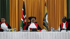 Image: Kenya's Supreme Court judges led by Chief Justice Martha Koome flanked by her deputy, Philomena Mwilu and Supreme Court judge Mohammed Ibrahim attend the final hearing day over a petition seeking to invalidate the outcome of the recent presidential election, at the Supreme Court in Nairobi, Kenya 2 September 2022. Reuters/Thomas Mukoya