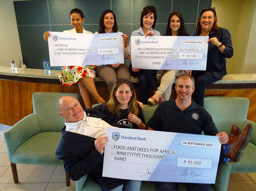 Putting the 'fun' into fundraising at City Lodge Hotel Fourways are: (back from left) CLHG divisional director: sales and marketing, Zuki Jantjies; CLHG group marketing manager, Colleen Goodman; Cansa national sustainability manager, Anita Snyders; Food & Trees for Africa communication manager, Nicole Ras; and CANSA community mobiliser, Thea Silva. (Front, from left) CLHG divisional director: operations Tony Balabanoff; Food & Trees for Africa events and trees distribution manager, Susan Evans, and executive director, Chris Wild.