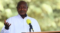 Source: Reuters. Ugandan President Yoweri Museveni attends a news conference.