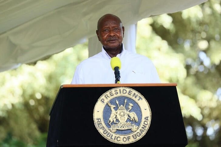 Ugandan President Yoweri Museveni attends a news conference following talks with Russian Foreign Minister Sergei Lavrov in Entebbe, Uganda 26 July 2022. Russian Foreign Ministry/Handout via Reuters