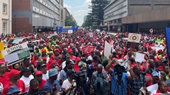 Workers from public sector unions affiliated to three federations marched to the National Treasury in Tshwane on Tuesday demanding that the government revise its 3% wage increase. Photo: Chris Gilili / GroundUp